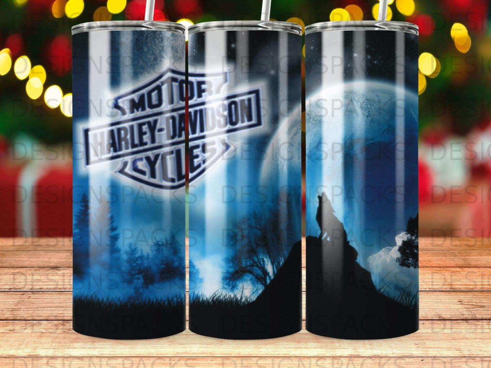 Harley-Davidson logo on a tumbler with a wolf howling at the moon.