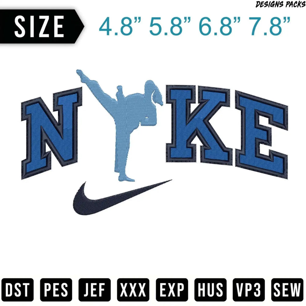 Embroidered Nike logo with a martial artist silhouette, sizes listed.