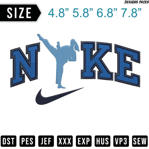 Embroidered Nike logo with a martial artist silhouette, sizes listed.