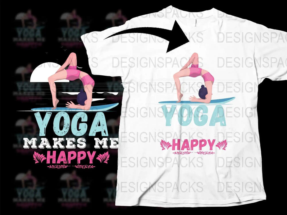 Yoga Makes Me Happy T-Shirt, White Yoga Shirt, Colorful Print, Women's Fitness Apparel, Gift for Yogi