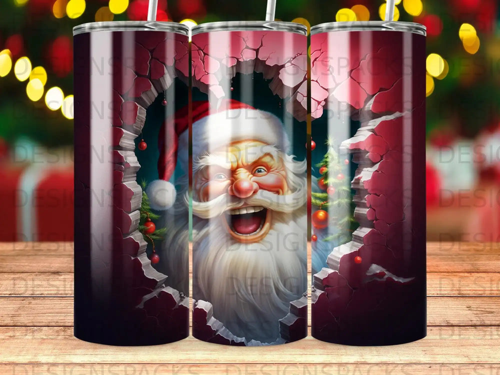 Santa Claus peeking through a cracked wall on a tumbler design.
