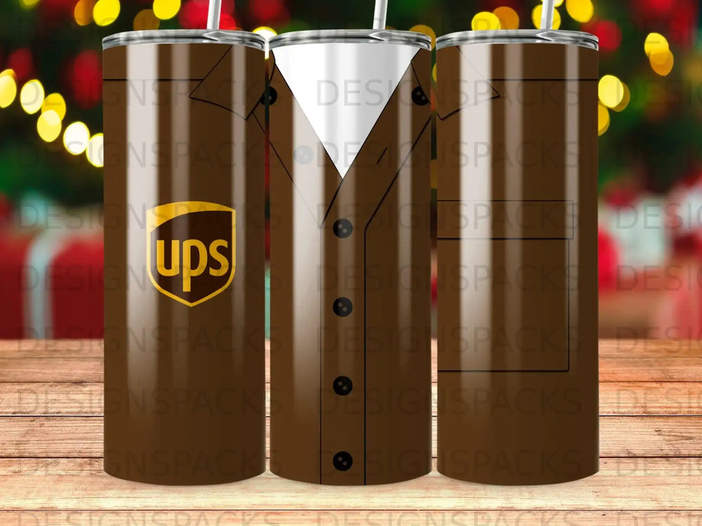 Brown tumbler with repeating UPS logo and abstract background elements.