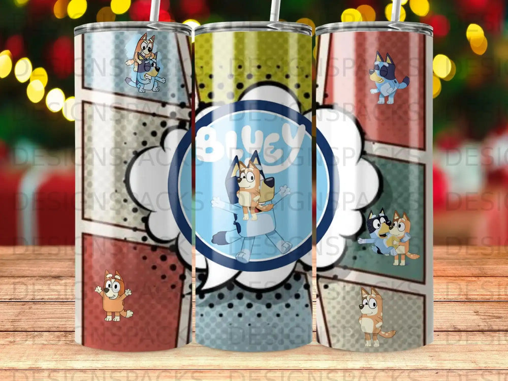 Bluey characters on a comic book style background tumbler.