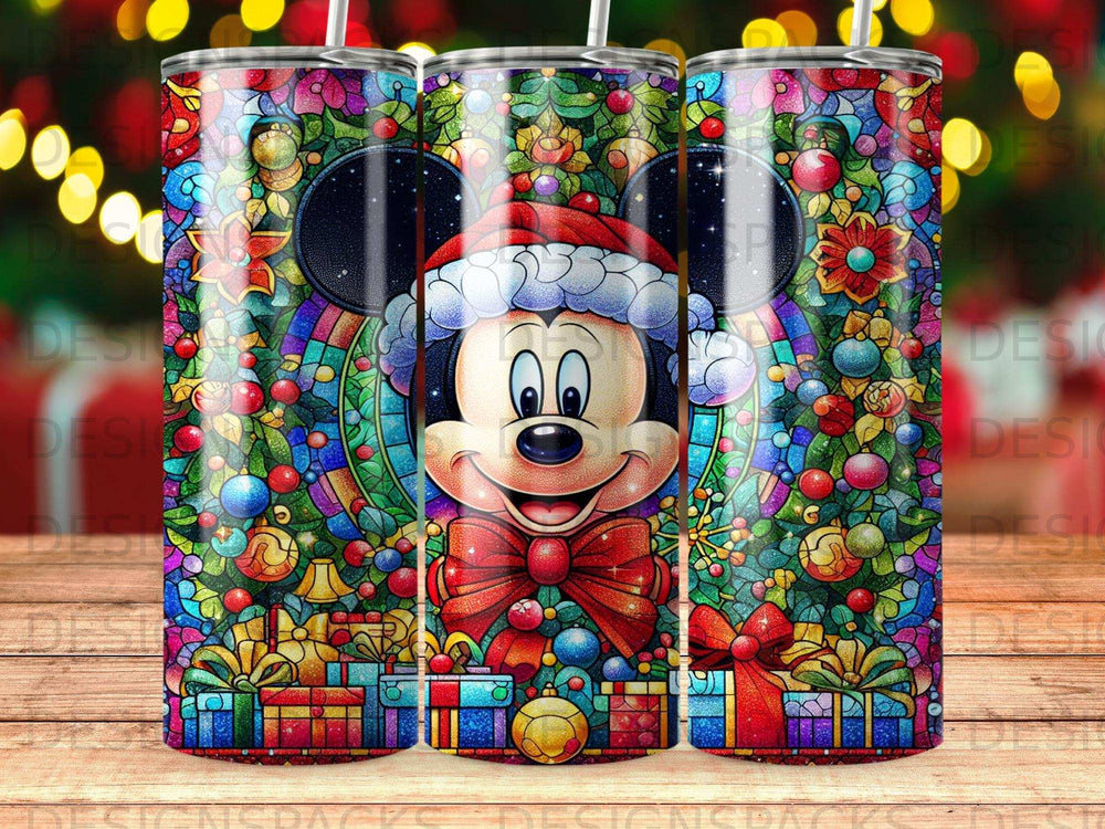 Mickey Mouse in Santa hat with Christmas gifts and stained-glass style background.