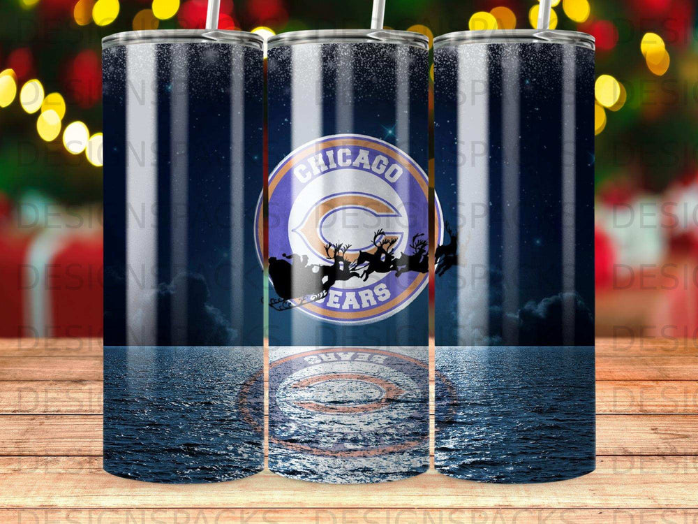 Chicago Bears logo on a starry night background reflected in water.