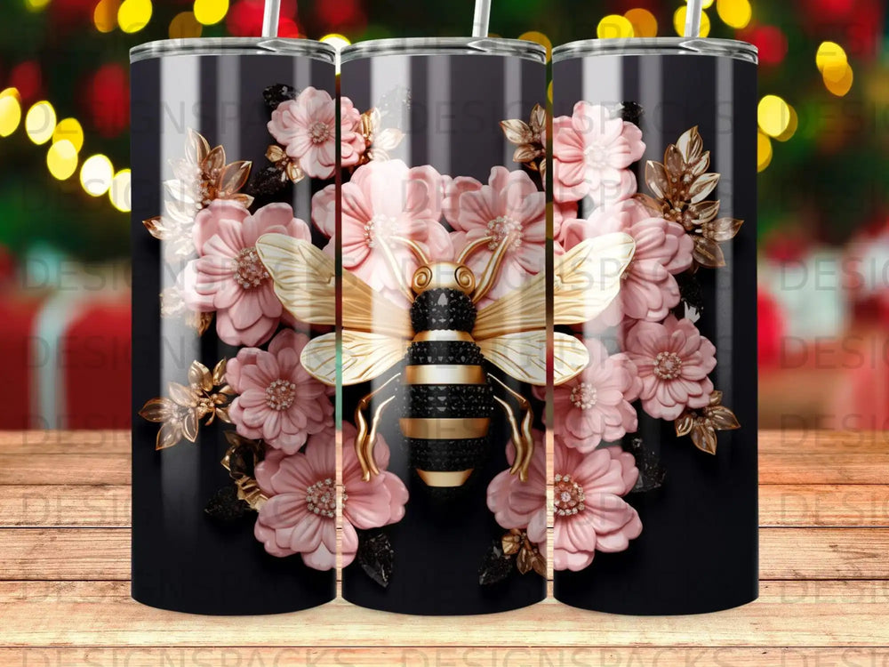 Black tumbler with a large bee and pink flowers design.