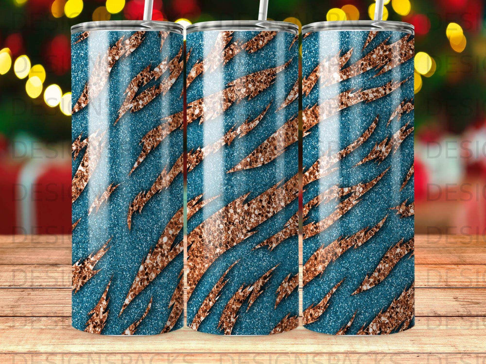 Blue textured tumbler with copper glitter tiger stripes.
