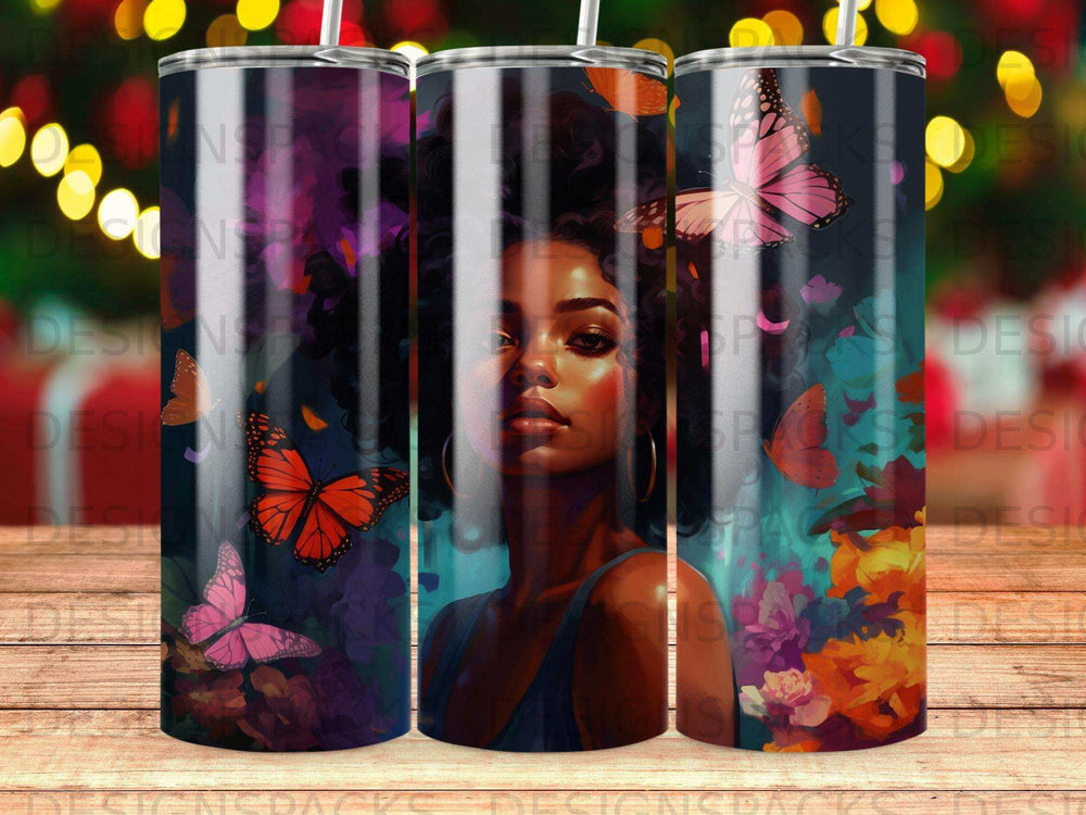 Woman with butterflies and colorful flowers on a tumbler.