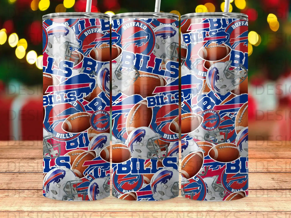 Buffalo Bills helmet and football pattern on a tumbler.