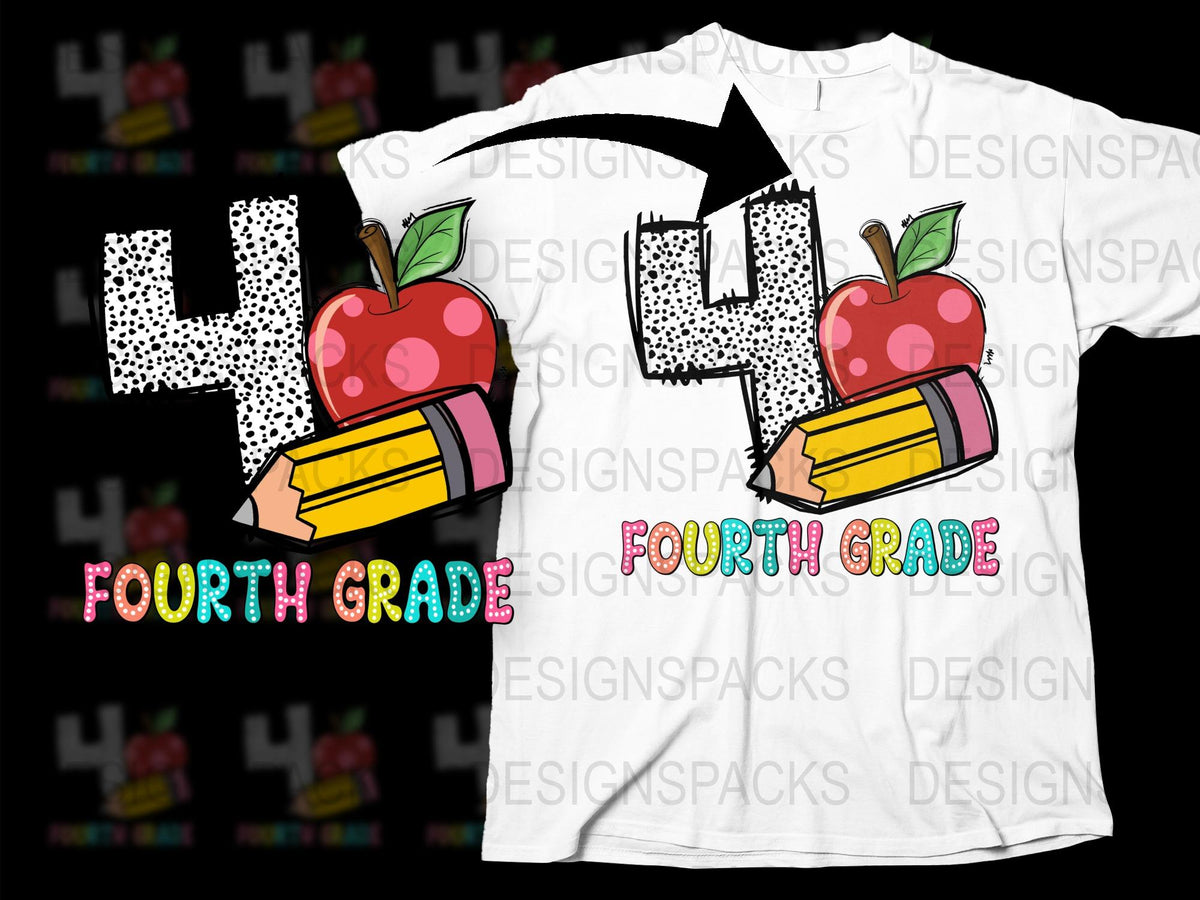 Fourth Grade Teacher T-Shirt, Apple and Pencil Design, Cute School Tee