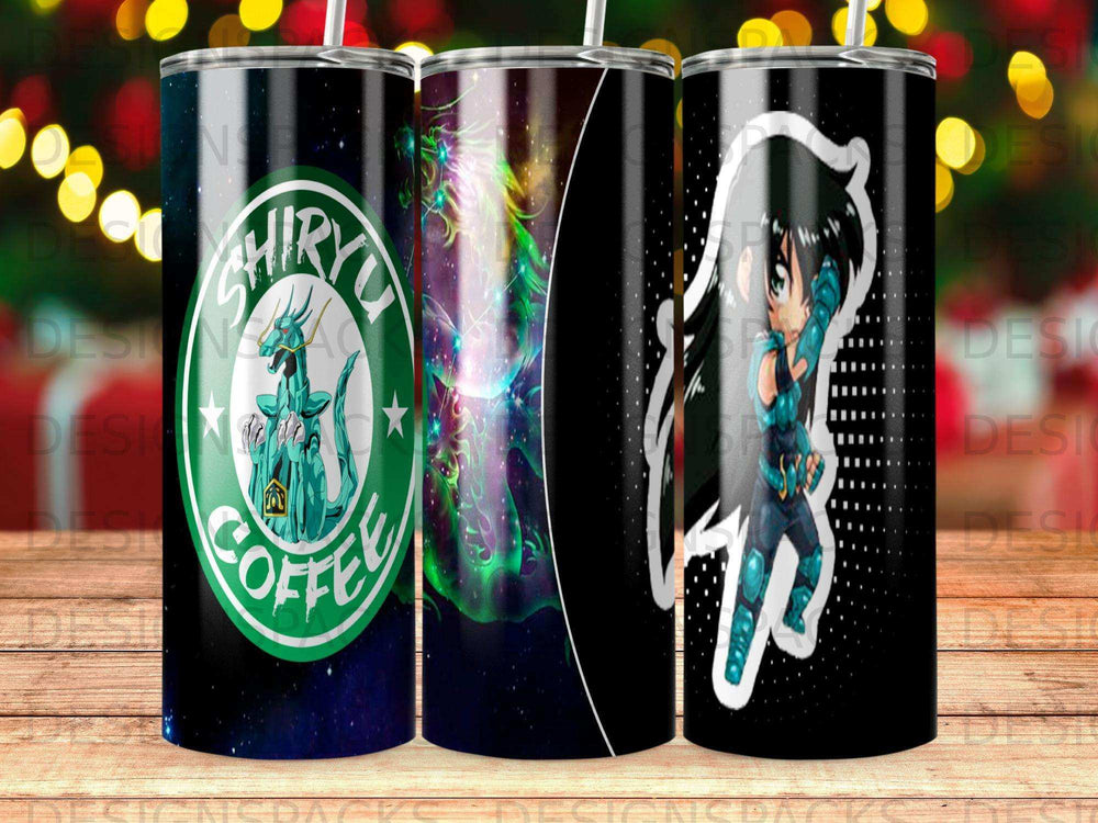 Dragon Shiryu and anime character on Starbucks coffee tumbler.