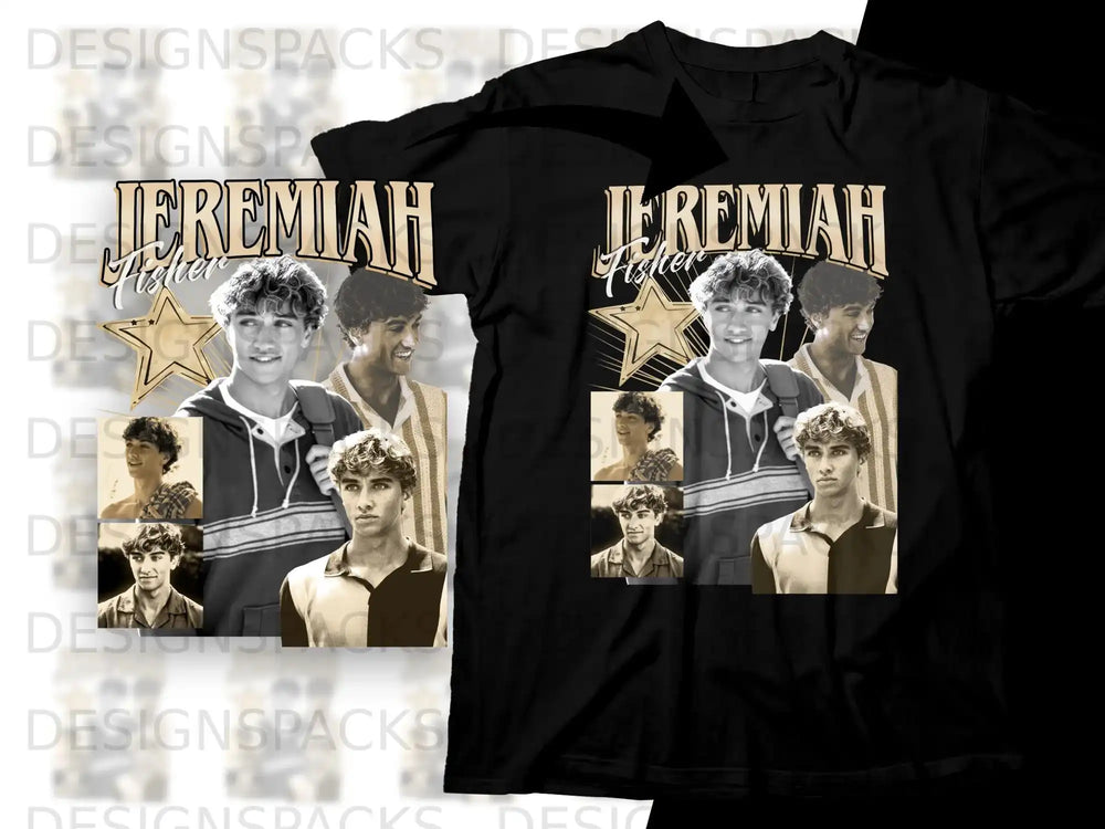 Collage of actor Jeremiah Fisher on a black t-shirt.