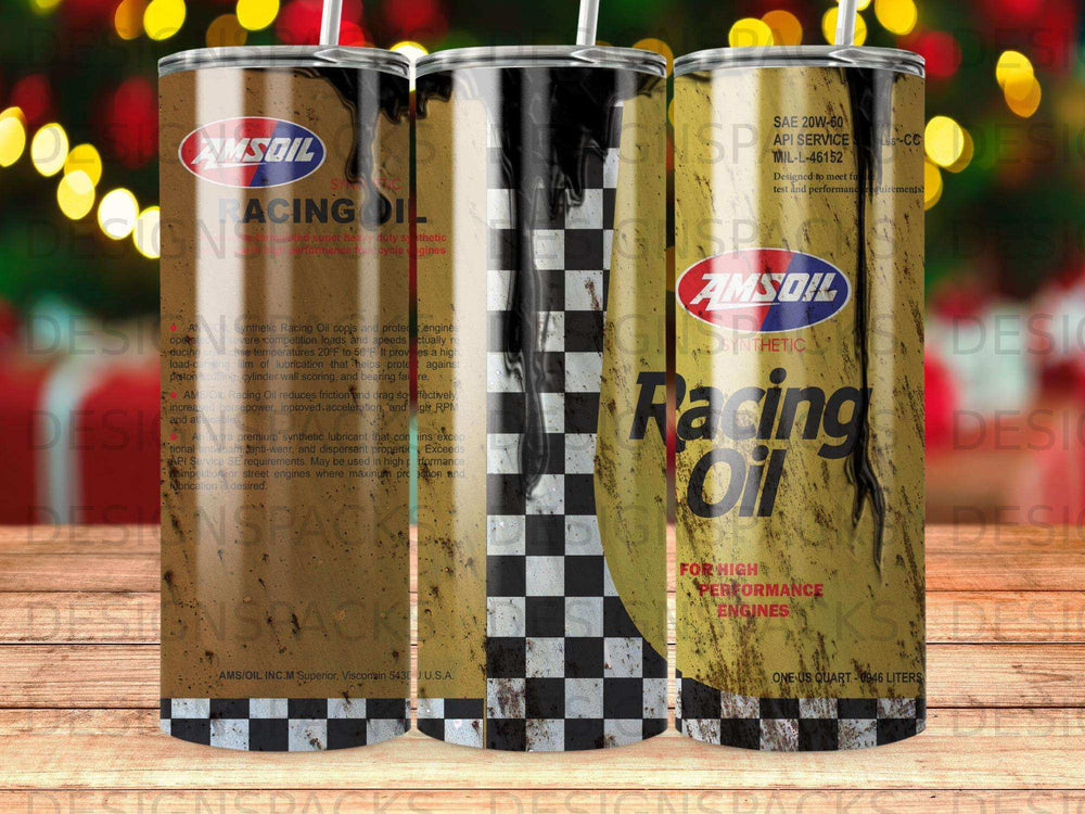 A tumbler with AMSOIL Synthetic Racing Oil branding and checkered accents.