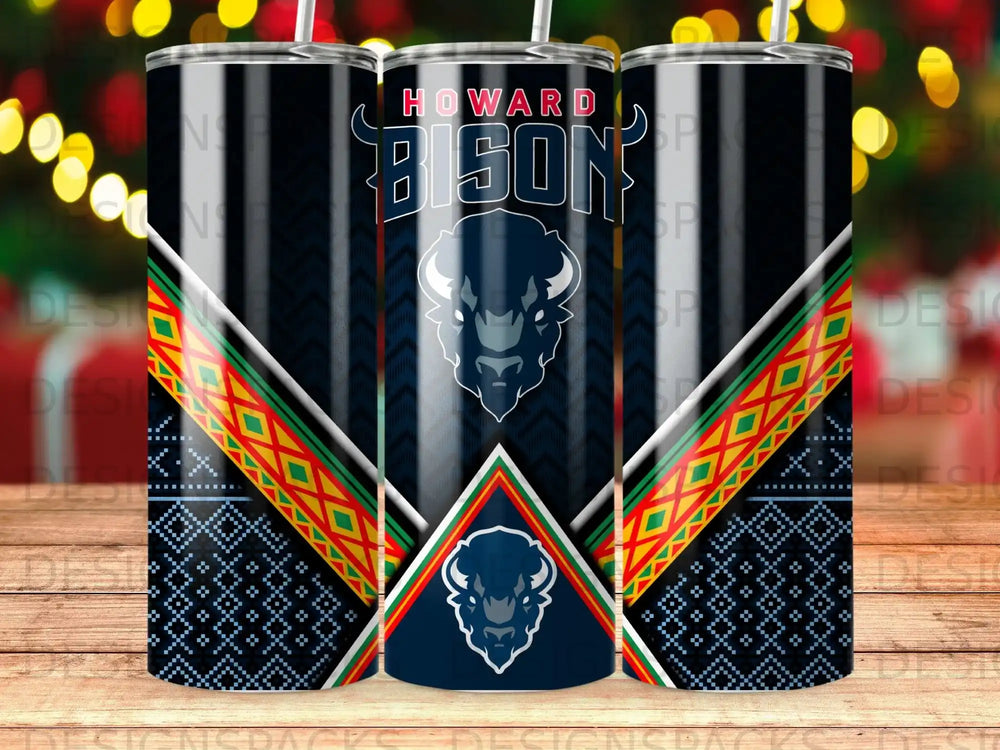 Tumbler with "Howard Bison" logo and tribal patterned accents.