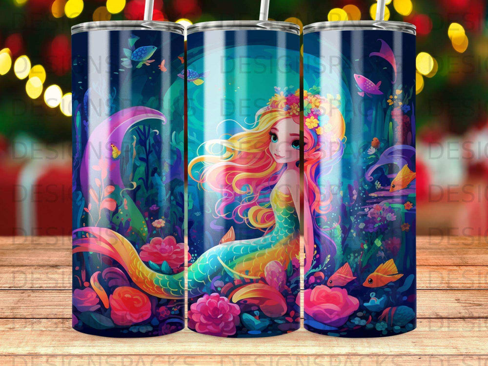 Mermaid with rainbow tail among colorful coral and fish.
