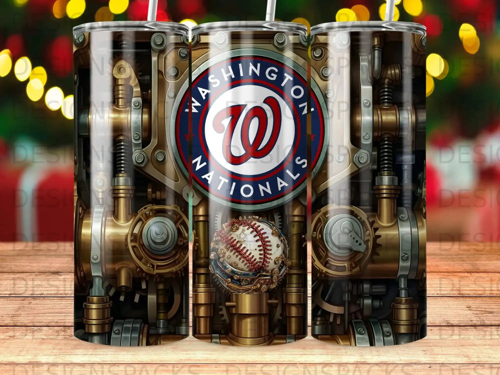 Washington Nationals steampunk tumbler with baseball and cogwheel design.