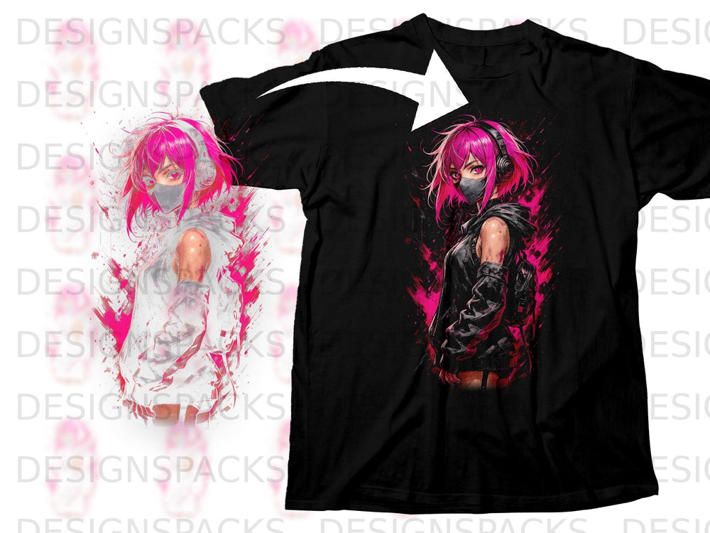 Black t-shirt featuring anime girl with pink hair, headphones, and mask artwork.