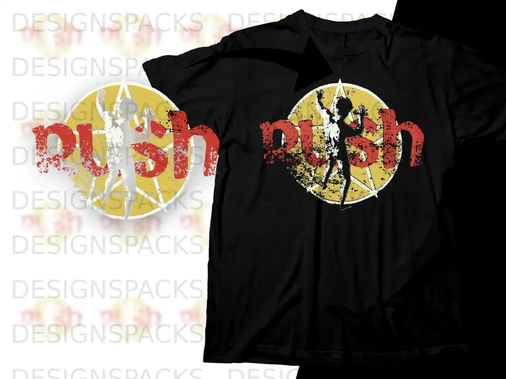 Black t-shirt with distressed red and yellow "Rush" band logo.