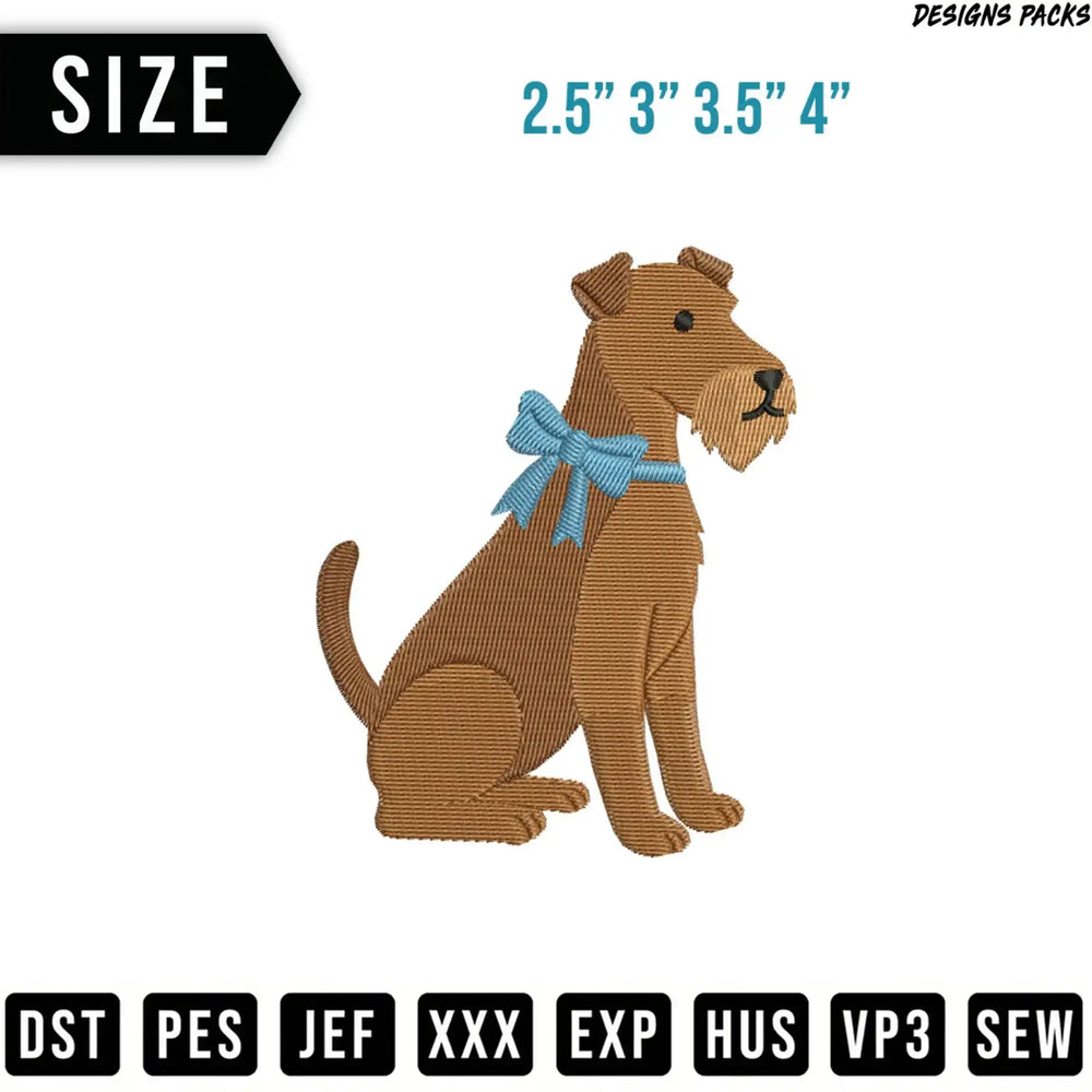 Brown terrier dog with blue bow, available in four sizes.