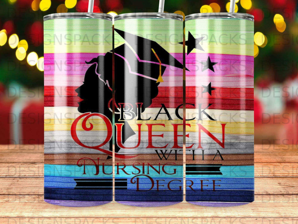 Black Queen Nursing graduate silhouette with mortarboard and degree scroll.