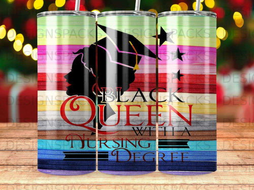 Black Queen Nursing graduate silhouette with mortarboard and degree scroll.