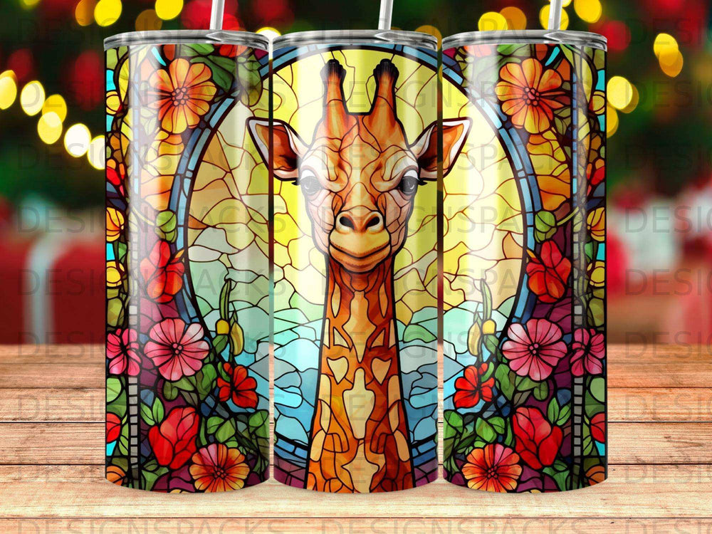 Giraffe head within a stained glass floral design.