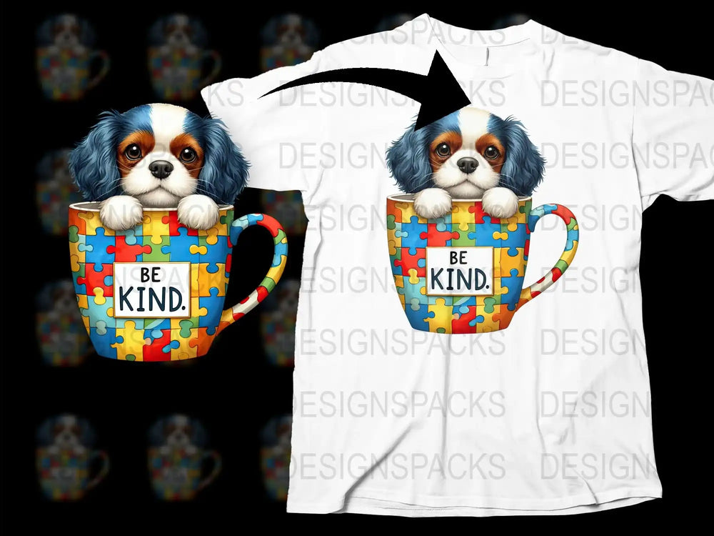 Cute King Charles Spaniel T-Shirt, Puzzle Piece Mug Design, Be Kind Motivational Tee