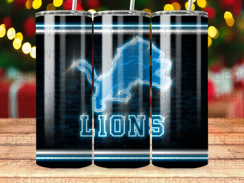 Blue Lions logo with "LIONS" text on a dark, striped background.