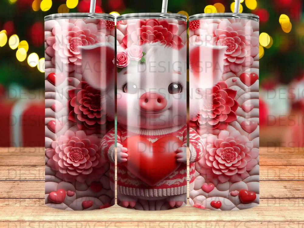 Pig in festive sweater holding a heart, surrounded by flowers and hearts.