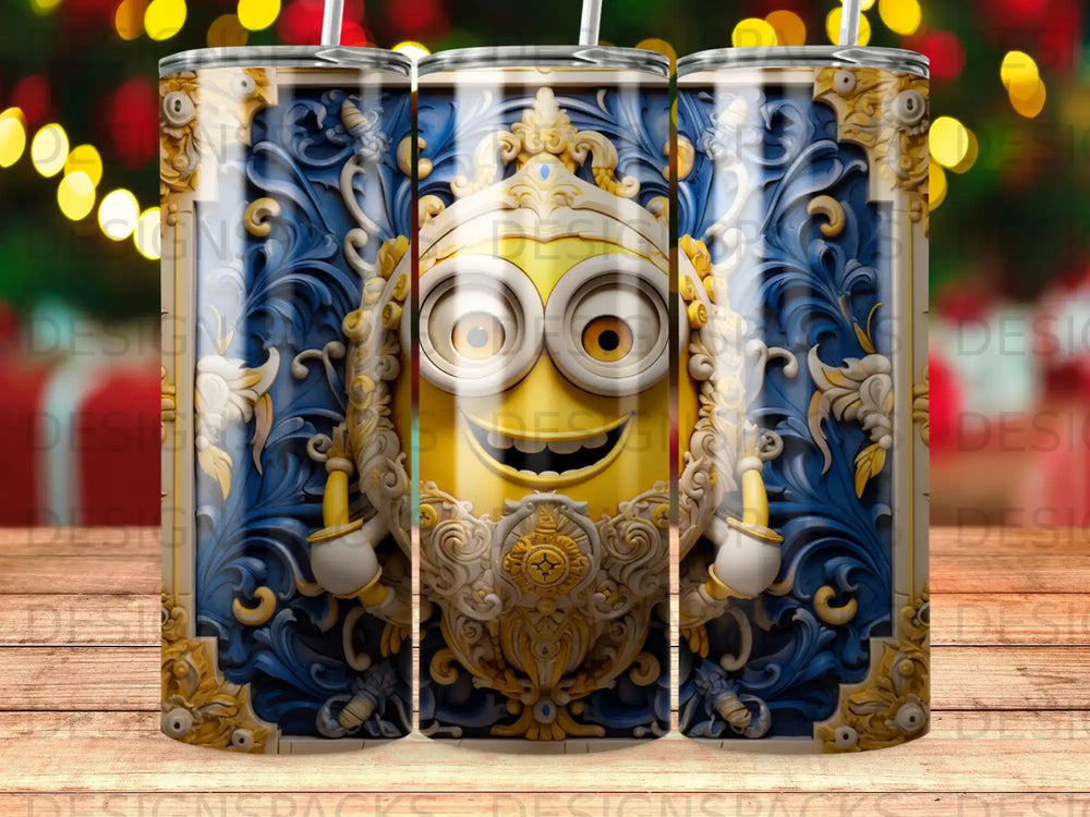Minion character on a decorative tumbler with ornate gold and blue patterns.