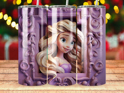 Purple tumbler with a young blonde woman with blue eyes peeking through a window.