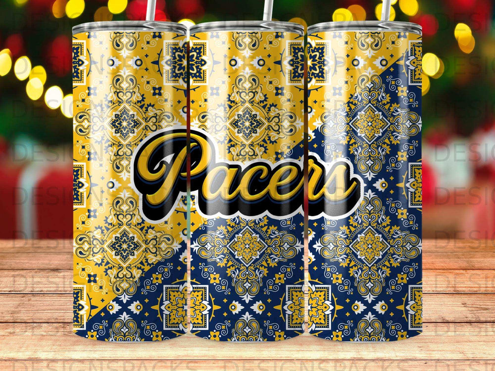 Blue and yellow Pacers tumbler with ornate mandala pattern.