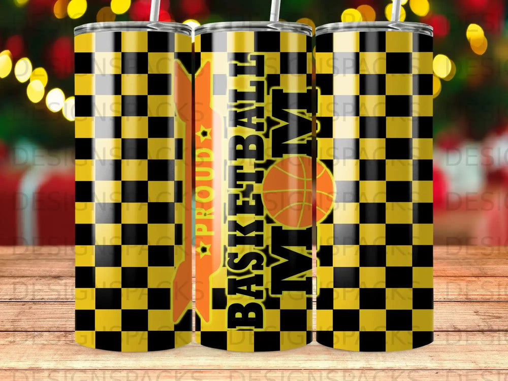 Basketball Mom tumbler with black and yellow checkerboard pattern.