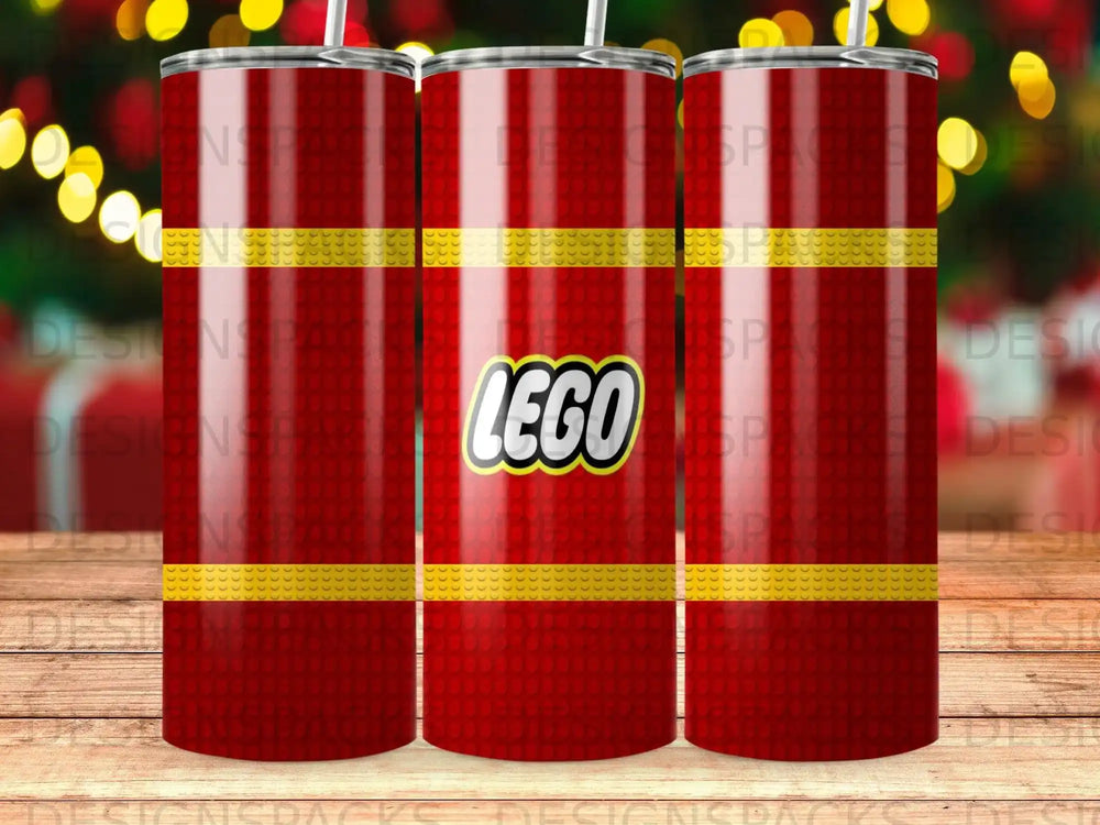 Red tumbler with LEGO logo and brick pattern.
