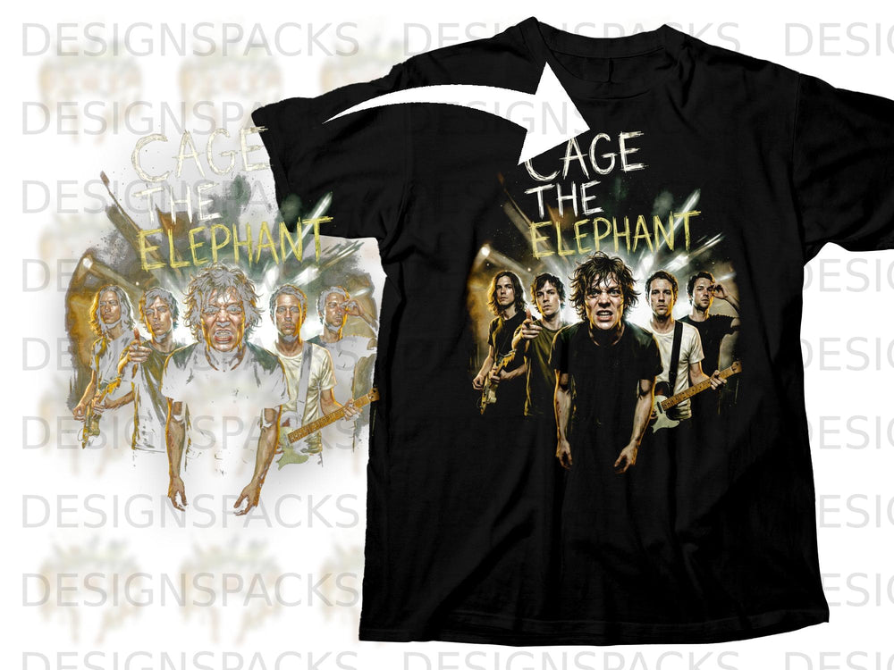Black t-shirt with "Cage the Elephant" band graphic and members.
