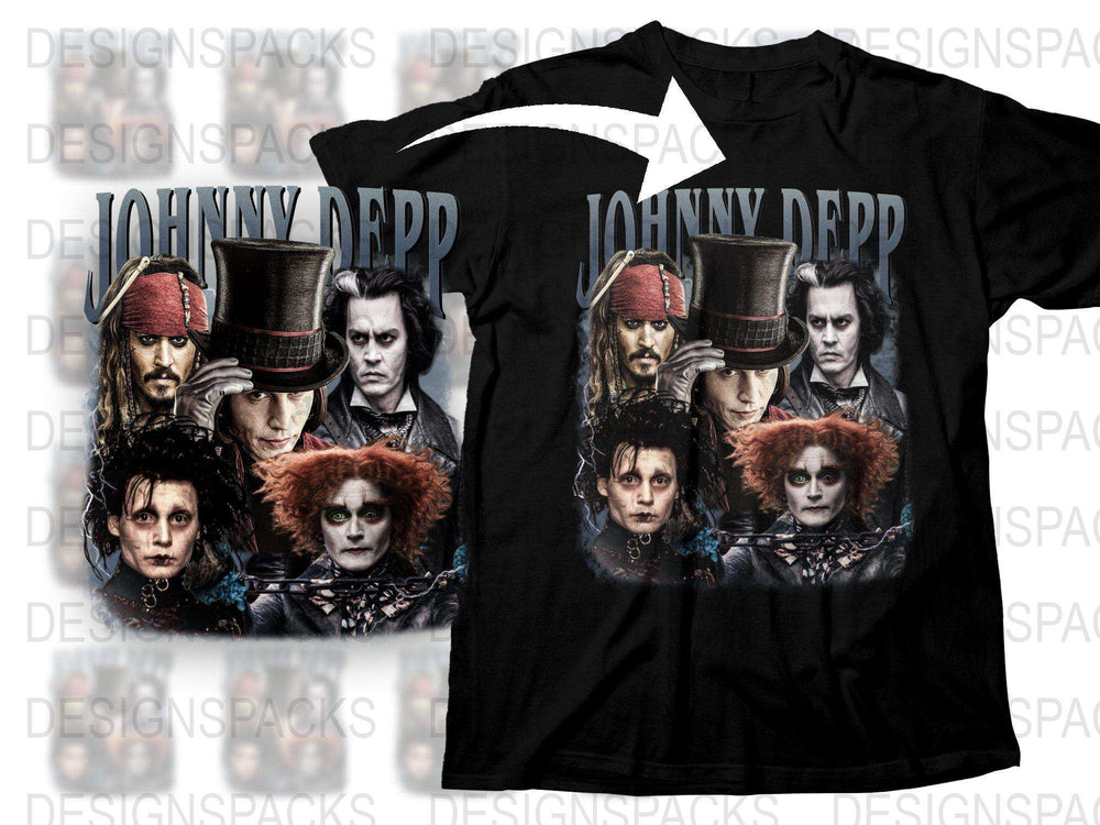 Johnny Depp Characters T-Shirt, Movie Inspired Graphic Tee, Unisex Black Cotton Shirt, Film Fan Gift