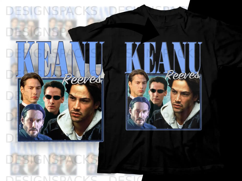 Keanu Reeves collage graphic on black t-shirt.