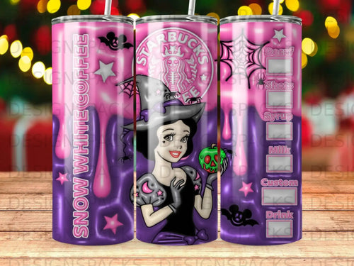 Snow White holding an apple, in front of a Starbucks-themed tumbler with pink and purple accents.