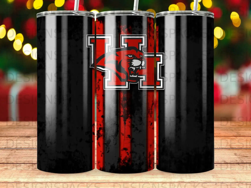 Black tumbler with red stripes and a fierce tiger head logo.