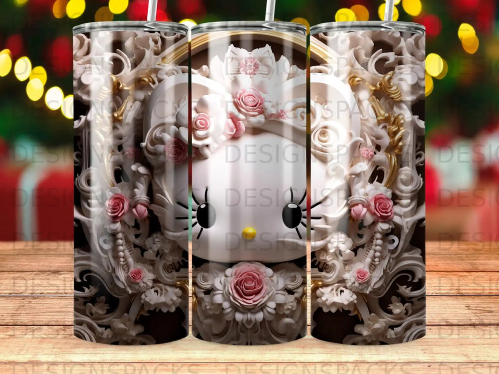 White Hello Kitty face with ornate floral and gold trim on a tumbler.