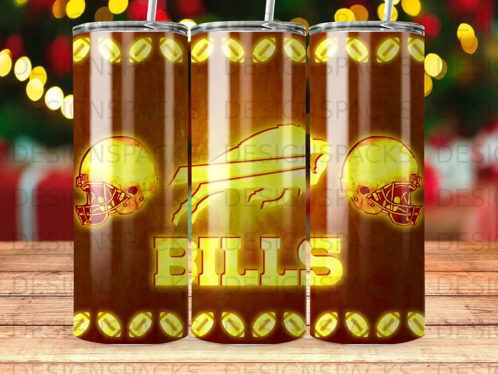 Buffalo Bills logo and helmet pattern on a tumbler.