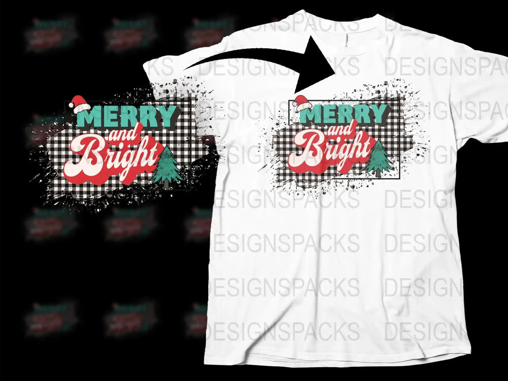 Merry and Bright Holiday T-Shirt, Festive Christmas Tree Graphic Tee, Red and Green Plaid, Unisex Winter Apparel