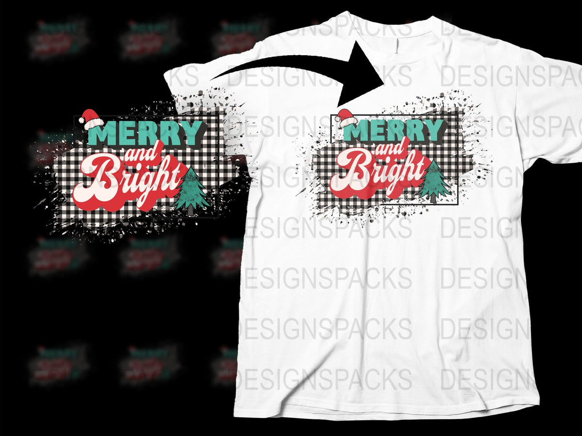 Merry and Bright Holiday T-Shirt, Festive Christmas Tree Graphic Tee, Red and Green Plaid, Unisex Winter Apparel