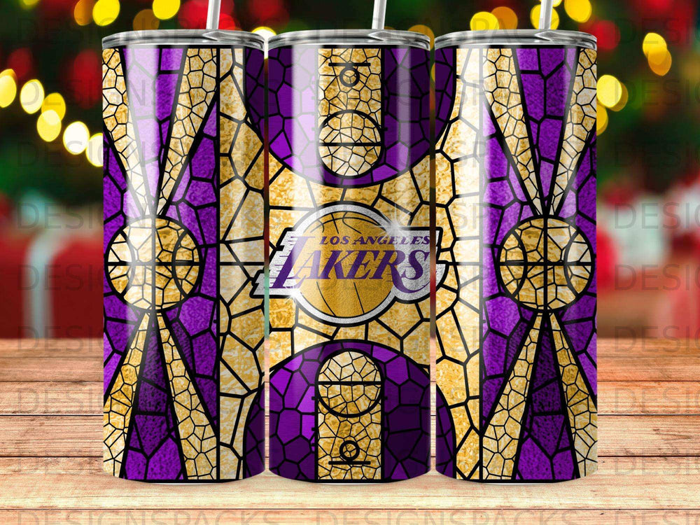 Los Angeles Lakers stained glass tumbler with purple and gold design.