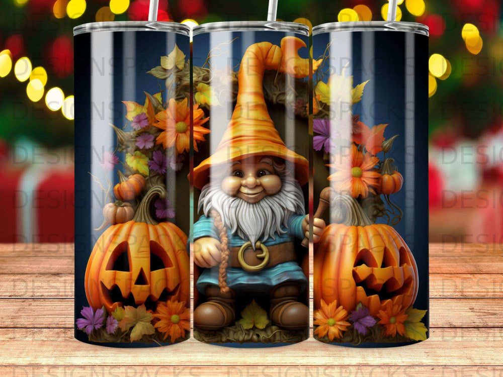 Gnome with pumpkins and autumn flowers on a festive Halloween tumbler.