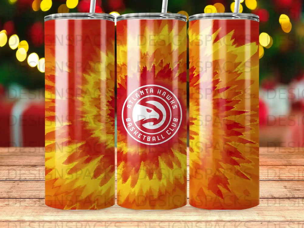 Atlanta Hawks basketball club logo on a tumbler with a colorful background.