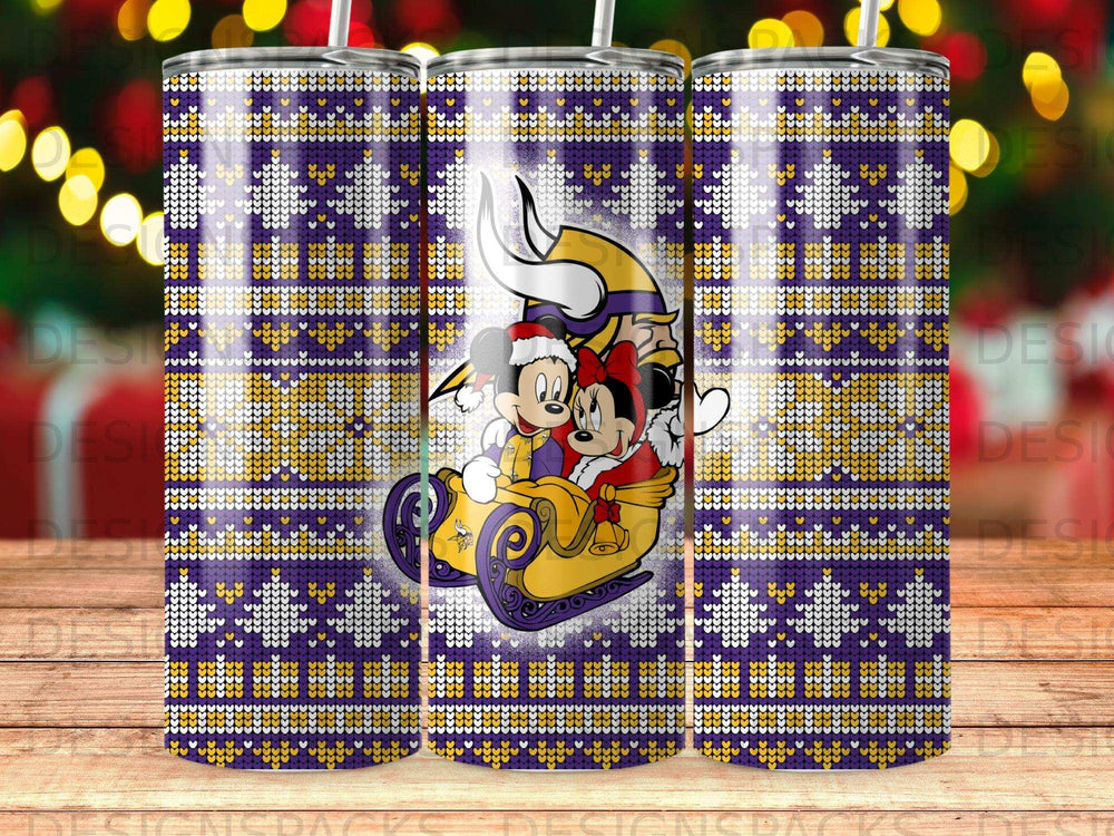 Mickey and Minnie Mouse in a Vikings sleigh on a purple and yellow knit background.