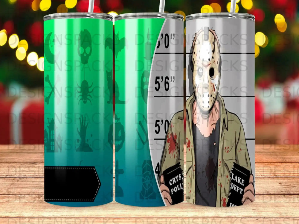 Jason Voorhees character art on a sublimation tumbler with height markings.