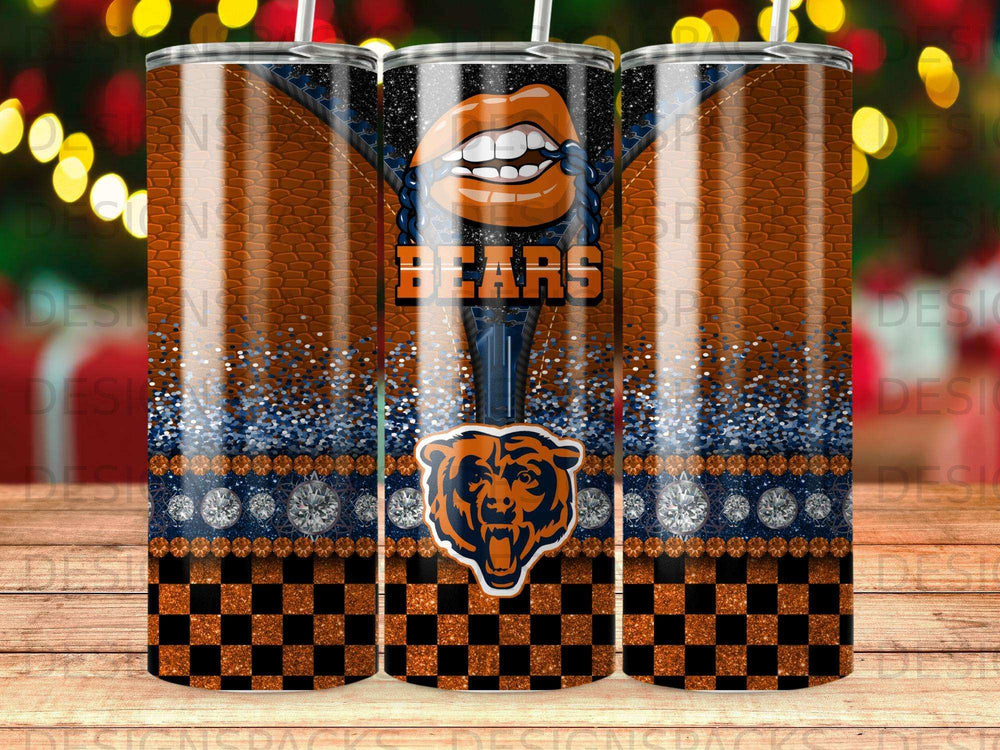 Chicago Bears tumbler with glitter, orange and black checkerboard, and lips.