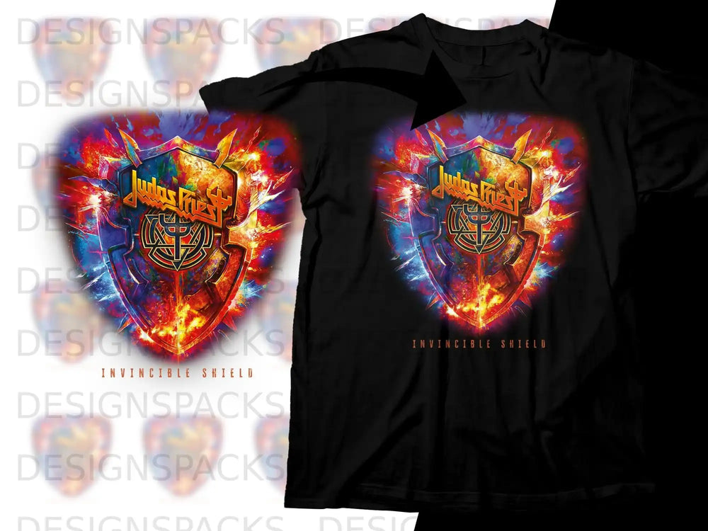 Judas Priest Invincible Shield album art on a black t-shirt.
